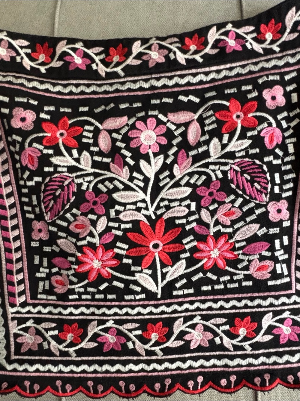 Francesca's Collections Black Scarf with Pink & Red Floral Embroidery